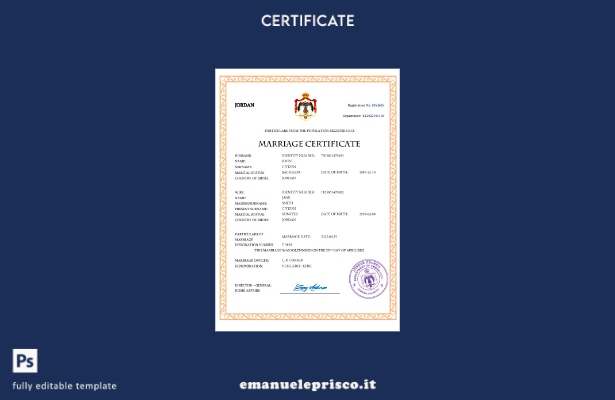 certificato di matrimonio in Giordania in stile verificato modello Word e PDF